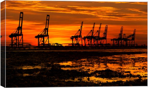 Sunset At The Port Of  Felixstowe Canvas Print by Darren Burroughs