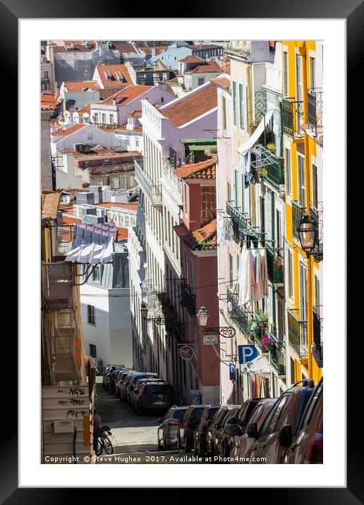 Steep Lisbon cobbled street Framed Mounted Print by Steve Hughes