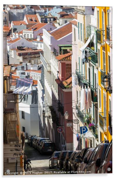 Steep Lisbon cobbled street Acrylic by Steve Hughes