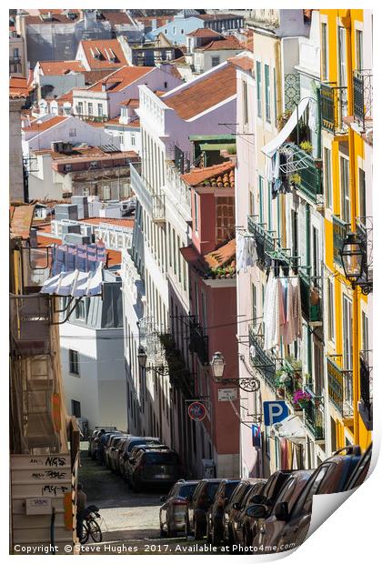 Steep Lisbon cobbled street Print by Steve Hughes