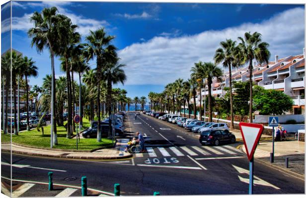 Palm Lined Street in Tenerife Canvas Print by Valerie Paterson