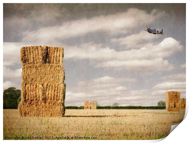  Spitfire at low level over a Cornfield with Hayst Print by john hartley