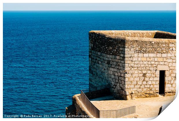 Old Castle Stone Wall And Tower With Ocean Backgro Print by Radu Bercan