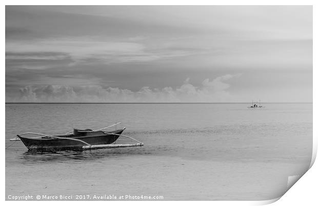 A filipino boat with a fisherman at the horizon Print by Marco Bicci