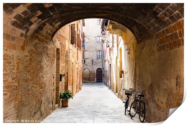 View of an alley in a Tuscan town Print by Marco Bicci