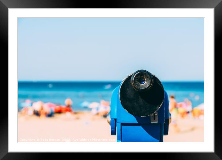 Blue Coin Operated Telescope With Beach And Ocean  Framed Mounted Print by Radu Bercan