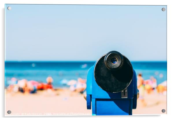 Blue Coin Operated Telescope With Beach And Ocean  Acrylic by Radu Bercan