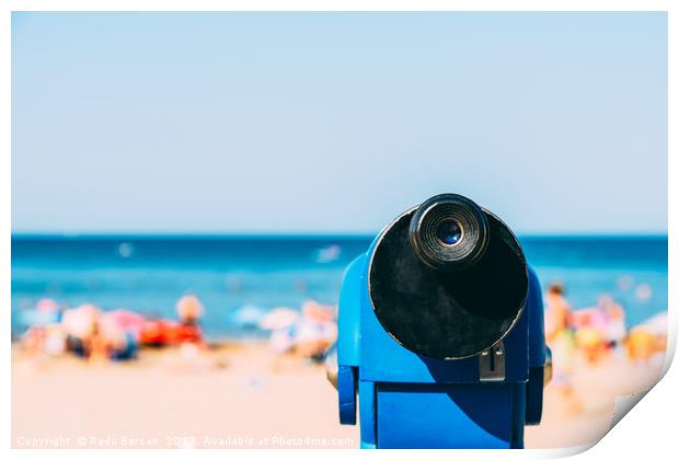 Blue Coin Operated Telescope With Beach And Ocean  Print by Radu Bercan