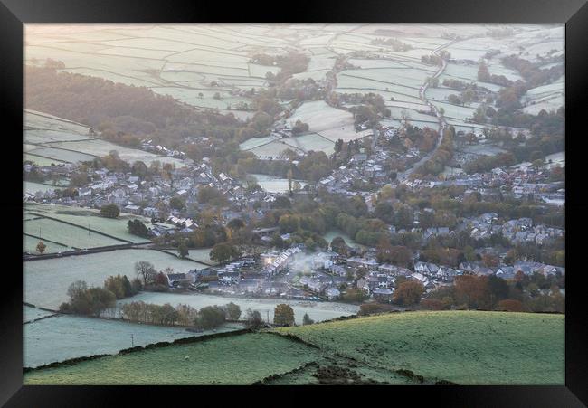 The village of Hayfield on a frosty morning Framed Print by Andrew Kearton