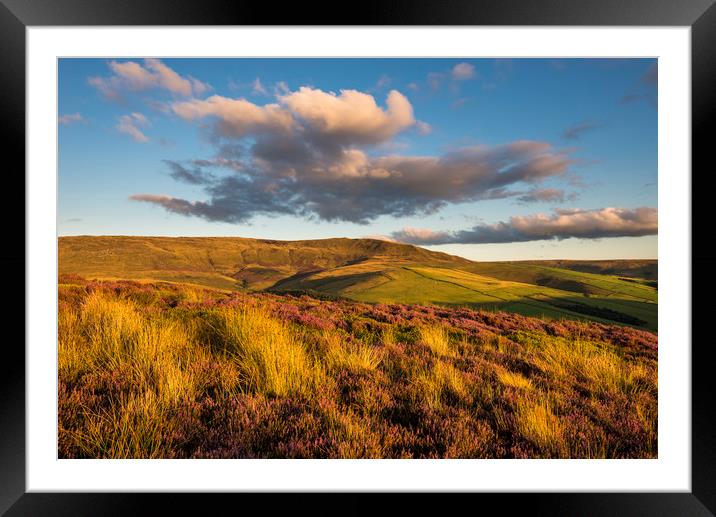 Warm summer sunshine on moors above Hayfield Framed Mounted Print by Andrew Kearton