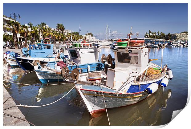 Fishing boats in Kos Harbour Print by Stephen Mole