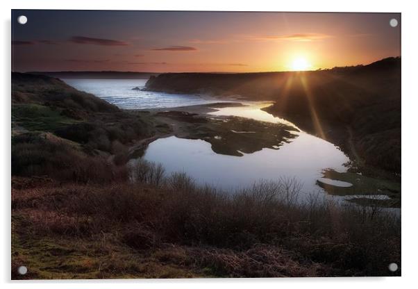 Three Cliffs Bay sunset Acrylic by Leighton Collins