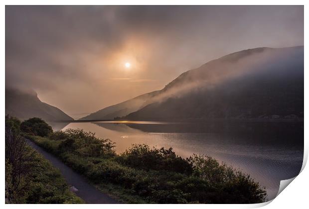 Mist over Caban Coch Reservoir, Elan Valley Print by Sorcha Lewis