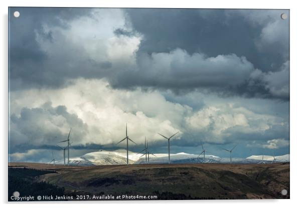 Brecon Beacons and Wind Turbines from Bwlch Wales Acrylic by Nick Jenkins