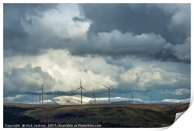 Brecon Beacons and Wind Turbines from Bwlch Wales Print by Nick Jenkins