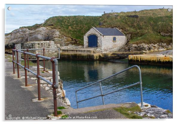 The stone boathouse and slipway at Ballintoy Harbo Acrylic by Michael Harper