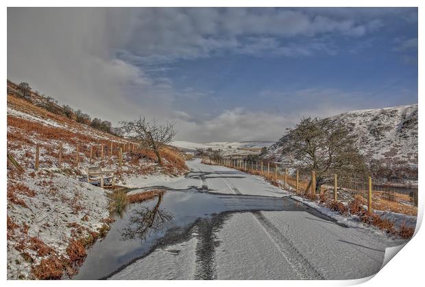 Road through the snow, Elan Valley Print by Sorcha Lewis