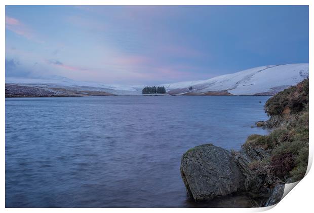Elan Valley, Craig Goch sunrise pink/blue Print by Sorcha Lewis