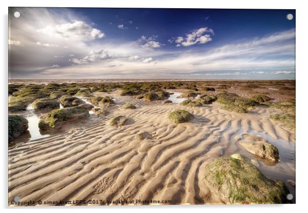 Hunstanton golden sand lines and seaweed rocks of  Acrylic by Simon Bratt LRPS