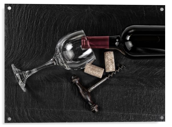 Overhead view of vintage corkscrew with red wine b Acrylic by Thomas Baker