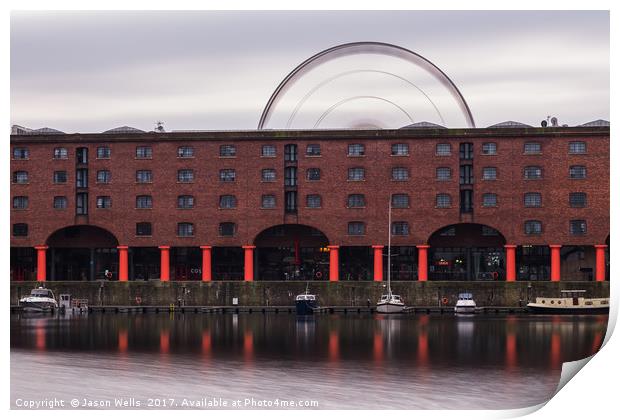 Liverpool Ferris wheel behind the Albert Dock Print by Jason Wells