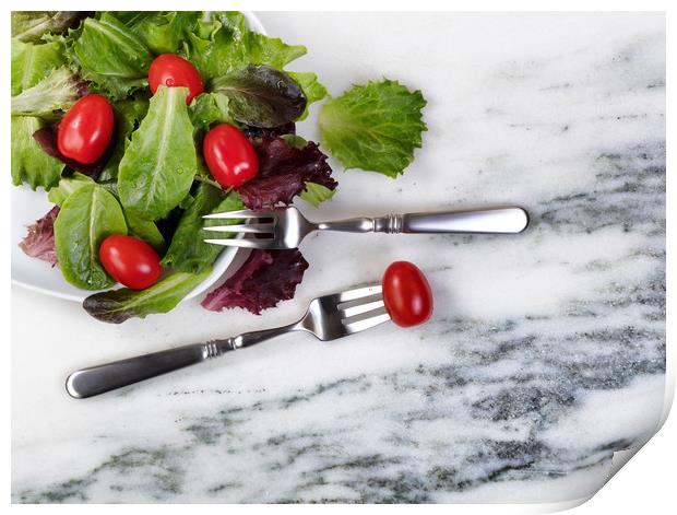 Healthy organic salad flowing out of plate  Print by Thomas Baker