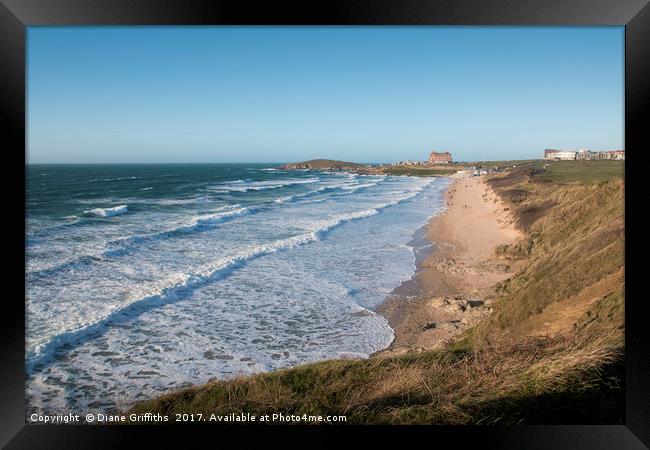 Fistral Beach and the Headland Hotel Framed Print by Diane Griffiths