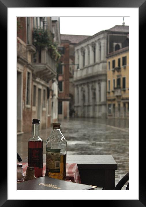 Venice Cafe in the Rain Framed Mounted Print by Lucy Antony