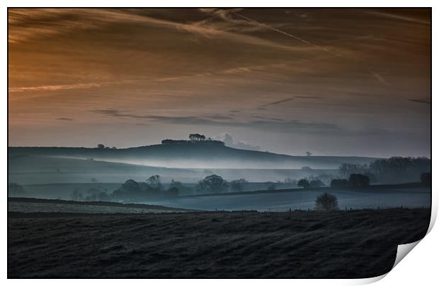 Dawn mist near Minninglow Hill Print by Nick Lukey