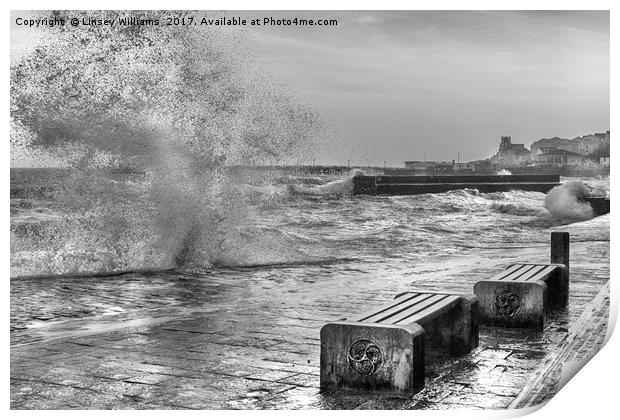 Rough Seas in Swanage Harbour Print by Linsey Williams