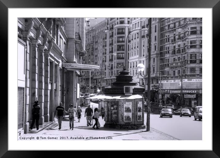 Newspaper Stand on the Gran Via - B&W Framed Mounted Print by Tom Gomez