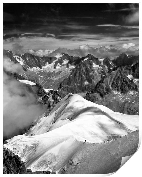 Mountaineer on L'arete de Aiguille du Midi Print by Nick Lukey