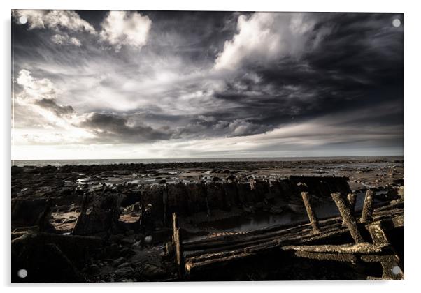 Storm clouds over beached shipwreck Acrylic by Simon Bratt LRPS
