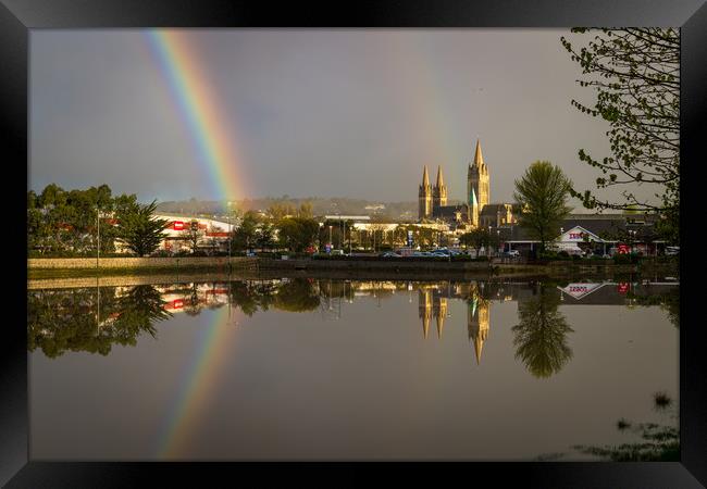Rainbow and cathedral reflections Framed Print by Michael Brookes