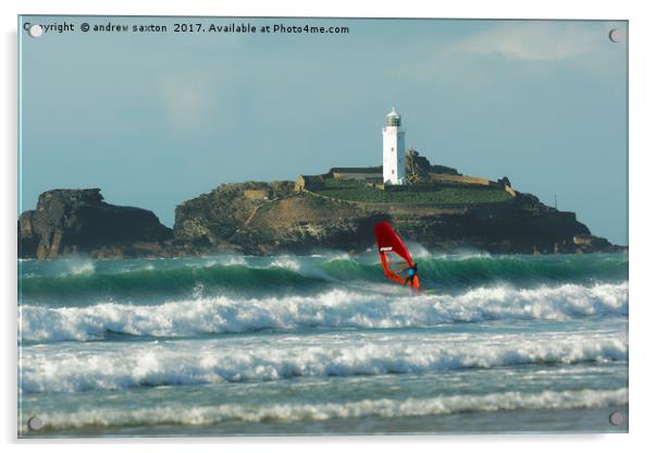 SURFER AT THE LIGHTHOUSE  Acrylic by andrew saxton