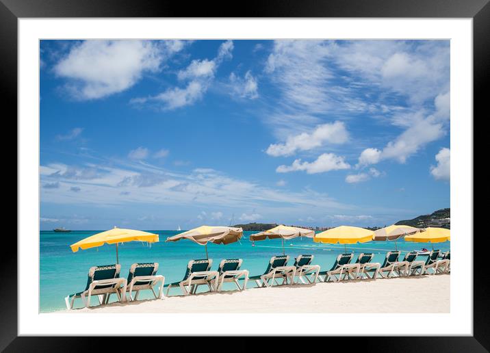 Chaise Lounges Under Umbrellas on Beach Framed Mounted Print by Darryl Brooks