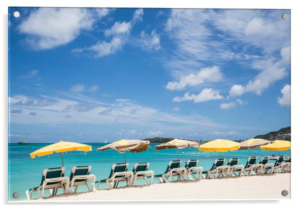 Chaise Lounges Under Umbrellas on Beach Acrylic by Darryl Brooks