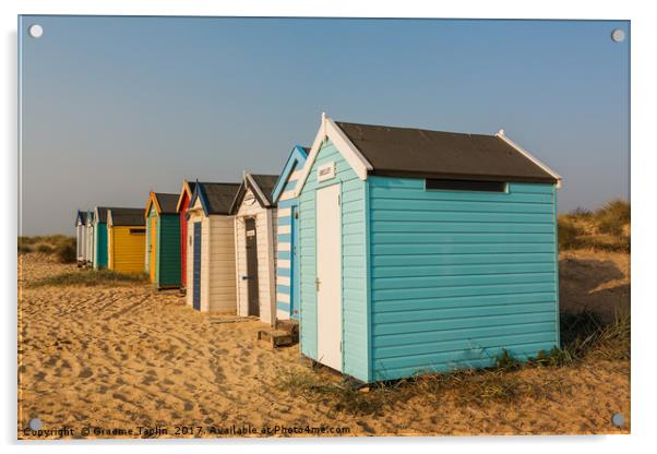 Colourful beach huts on the sand at Southwold  Acrylic by Graeme Taplin Landscape Photography