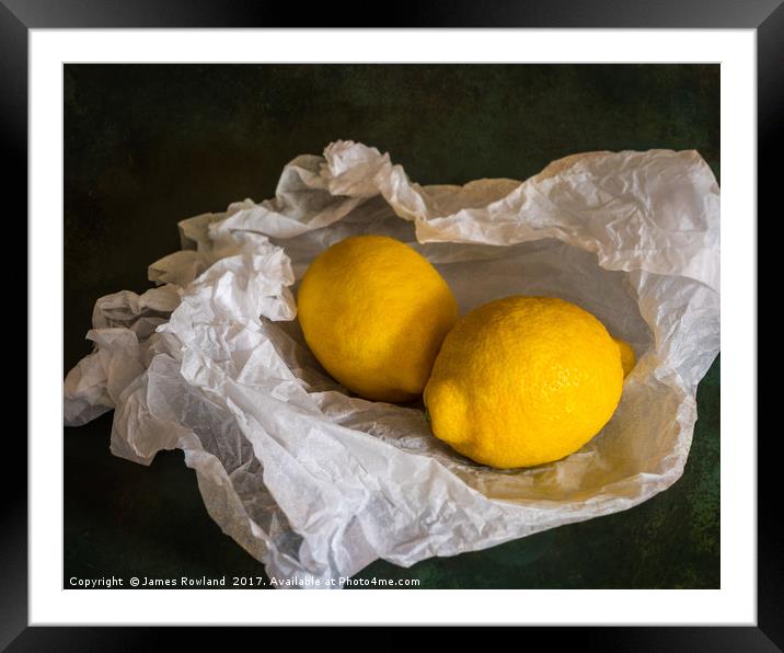 Lemons on Tissue paper Framed Mounted Print by James Rowland