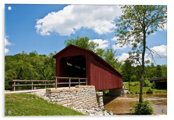 Old Red Bridge by Stone Wall Acrylic by Darryl Brooks