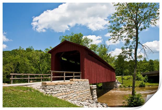 Old Red Bridge by Stone Wall Print by Darryl Brooks