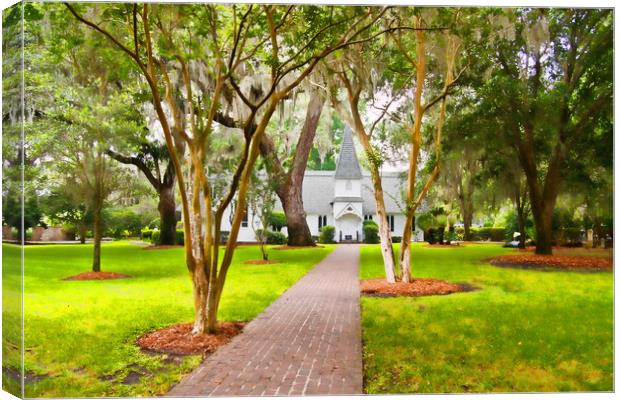 Small Church Down Brick Path Under Southern Trees Canvas Print by Darryl Brooks