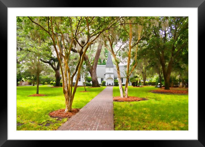 Small Church Down Brick Path Under Southern Trees Framed Mounted Print by Darryl Brooks
