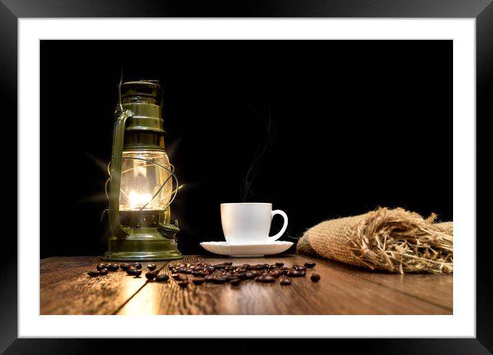 A cup of hot coffee and scattered grains of coffee Framed Mounted Print by Dobrydnev Sergei