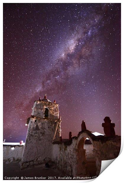 Milky Way Above Parinacota Village Church Chile Print by James Brunker