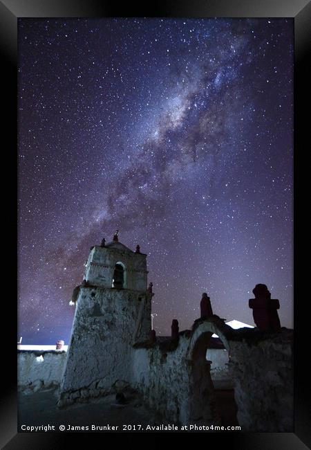 Milky Way and Parinacota Church Belfry Chile Framed Print by James Brunker
