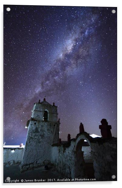 Milky Way and Parinacota Church Belfry Chile Acrylic by James Brunker