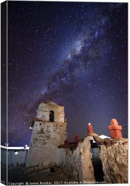 Milky Way and Parinacota Church Bell Tower Chile Canvas Print by James Brunker