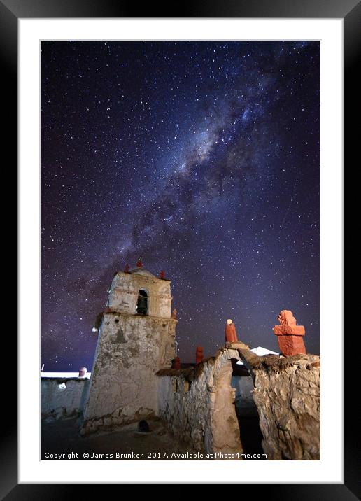Milky Way and Parinacota Church Bell Tower Chile Framed Mounted Print by James Brunker