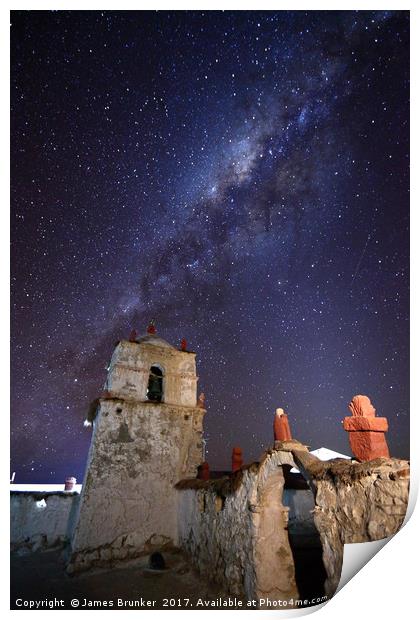 Milky Way and Parinacota Church Bell Tower Chile Print by James Brunker